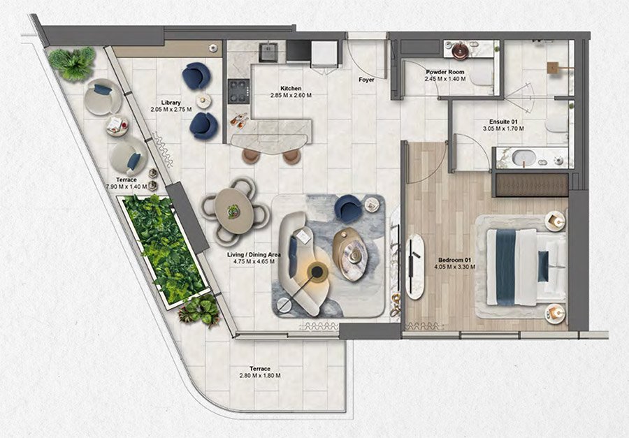 Dubai Maritime City 1 Bedroom Apartment Floor Plan