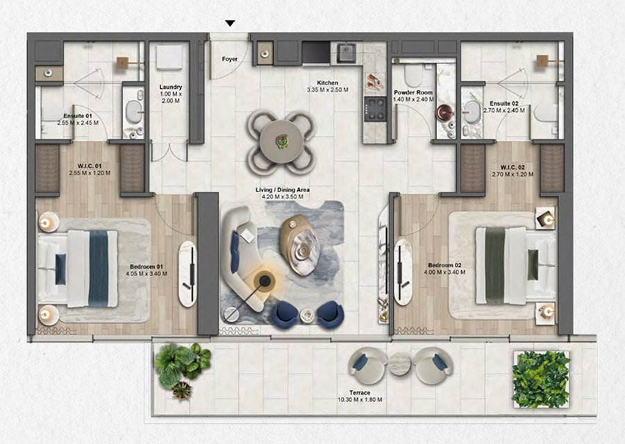 Dubai Maritime City 2 Bedroom Apartment Floor Plan