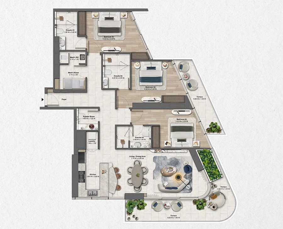 Dubai Maritime City 3 Bedroom Apartment Floor Plan